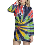 Black Backed Spiral Tie Dye Print Pullover Hoodie Dress