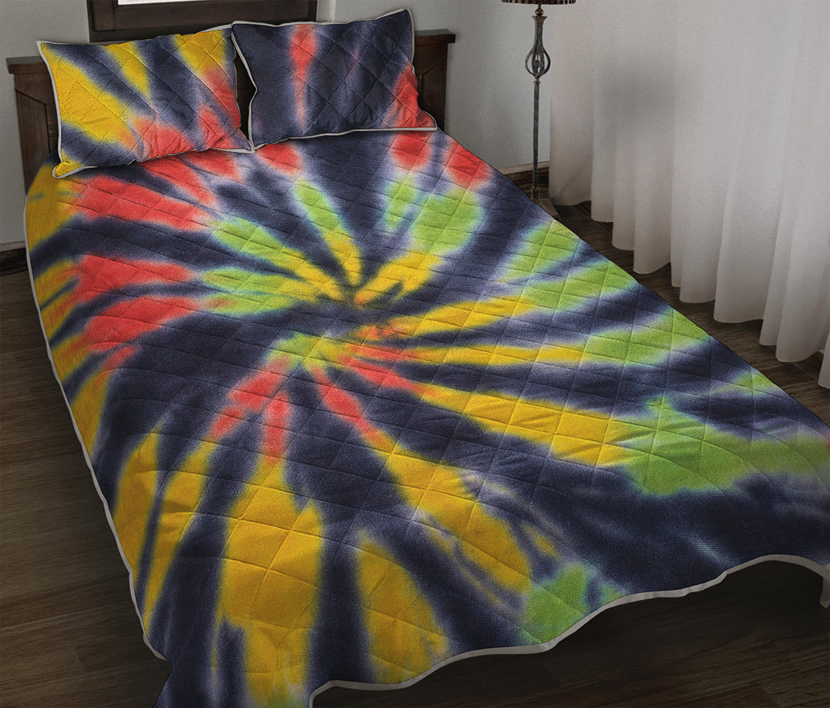 Black Backed Spiral Tie Dye Print Quilt Bed Set