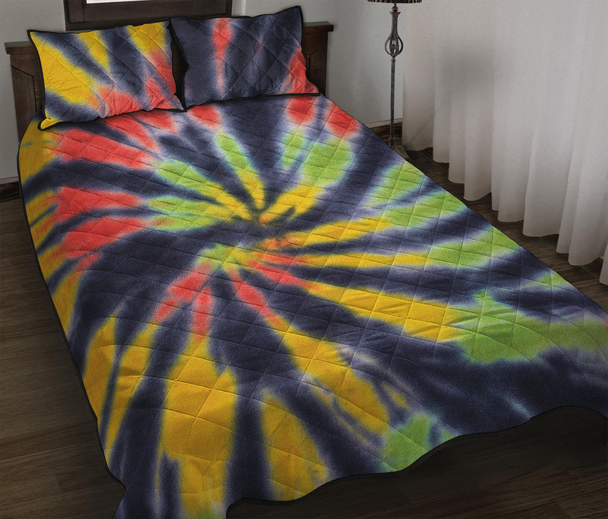 Black Backed Spiral Tie Dye Print Quilt Bed Set