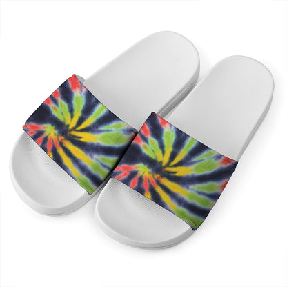 Black Backed Spiral Tie Dye Print White Slide Sandals