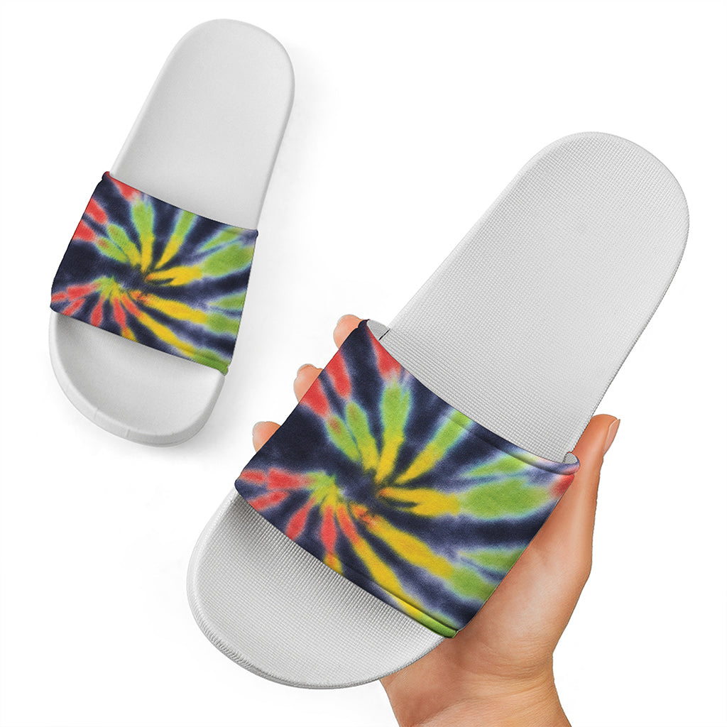 Black Backed Spiral Tie Dye Print White Slide Sandals
