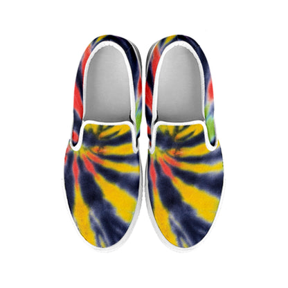 Black Backed Spiral Tie Dye Print White Slip On Shoes