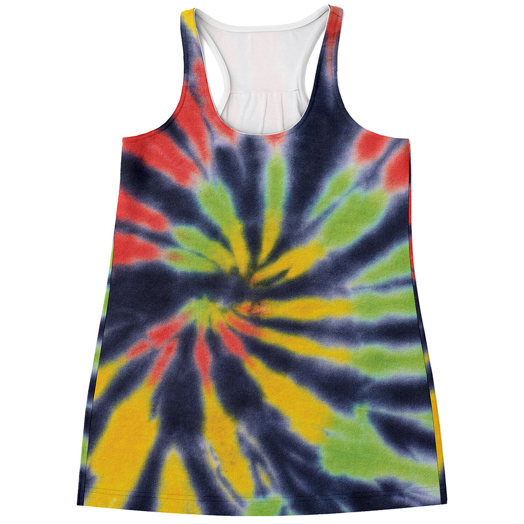 Black Backed Spiral Tie Dye Print Women's Racerback Tank Top