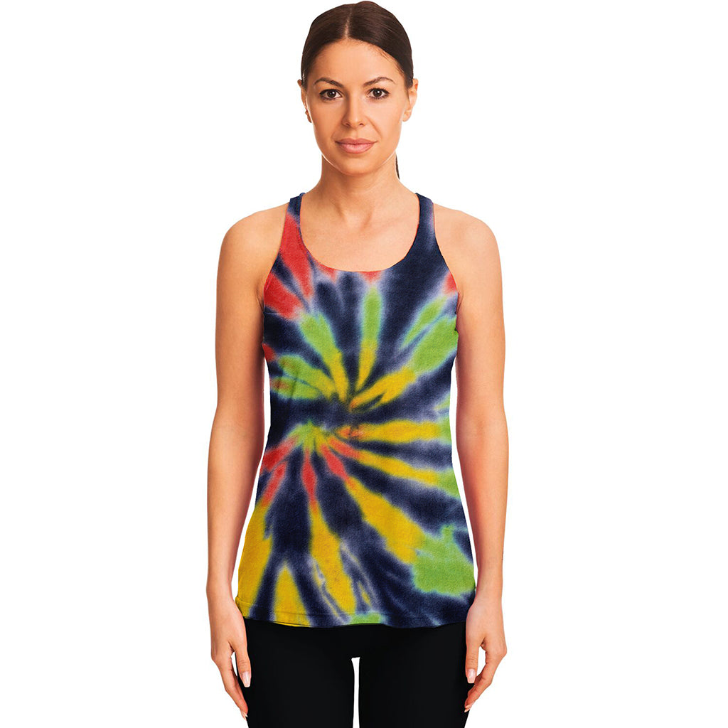 Black Backed Spiral Tie Dye Print Women's Racerback Tank Top