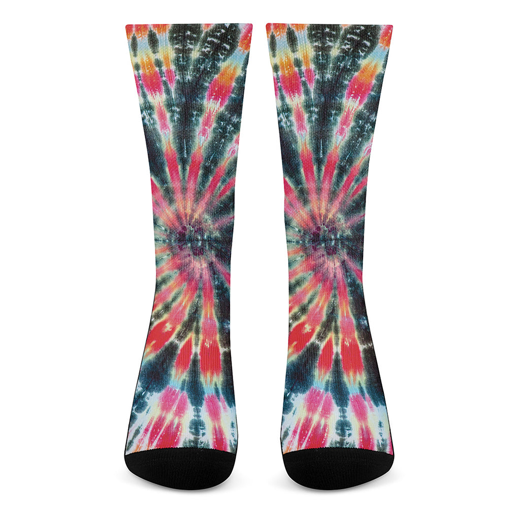 Black Backed Tie Dye Print Crew Socks