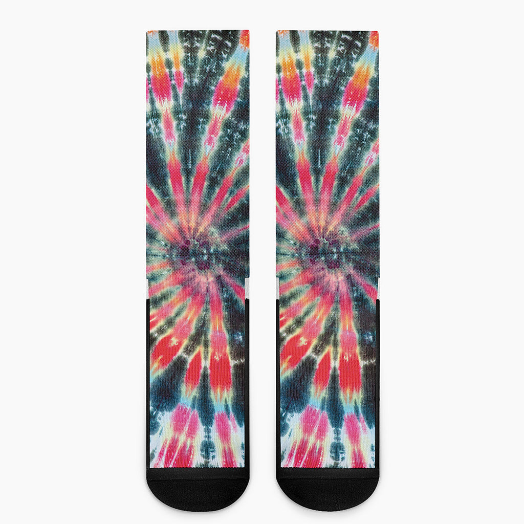 Black Backed Tie Dye Print Crew Socks