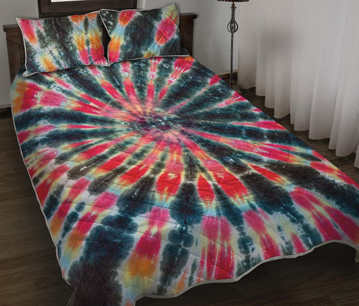 Black Backed Tie Dye Print Quilt Bed Set