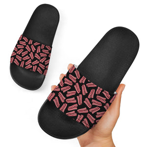 Black Bacon Pattern Print Black Slide Sandals