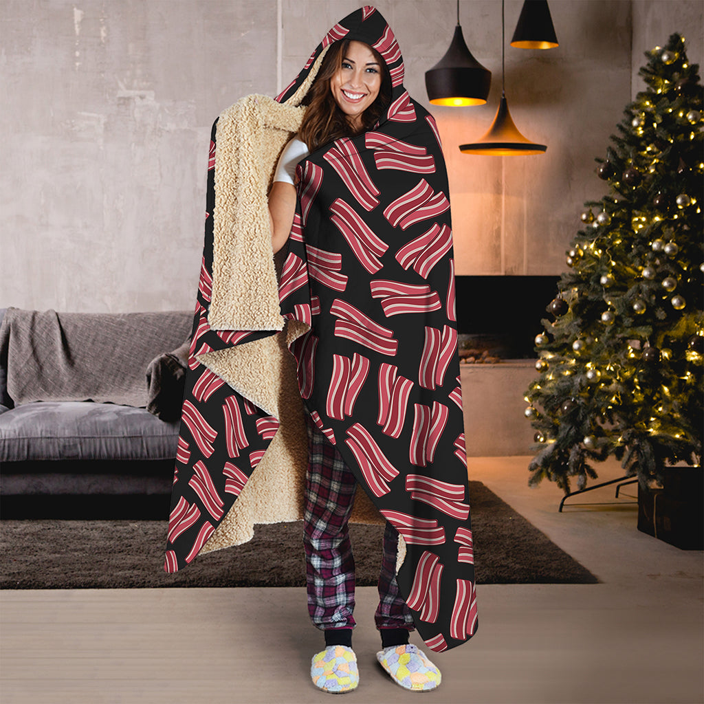 Black Bacon Pattern Print Hooded Blanket