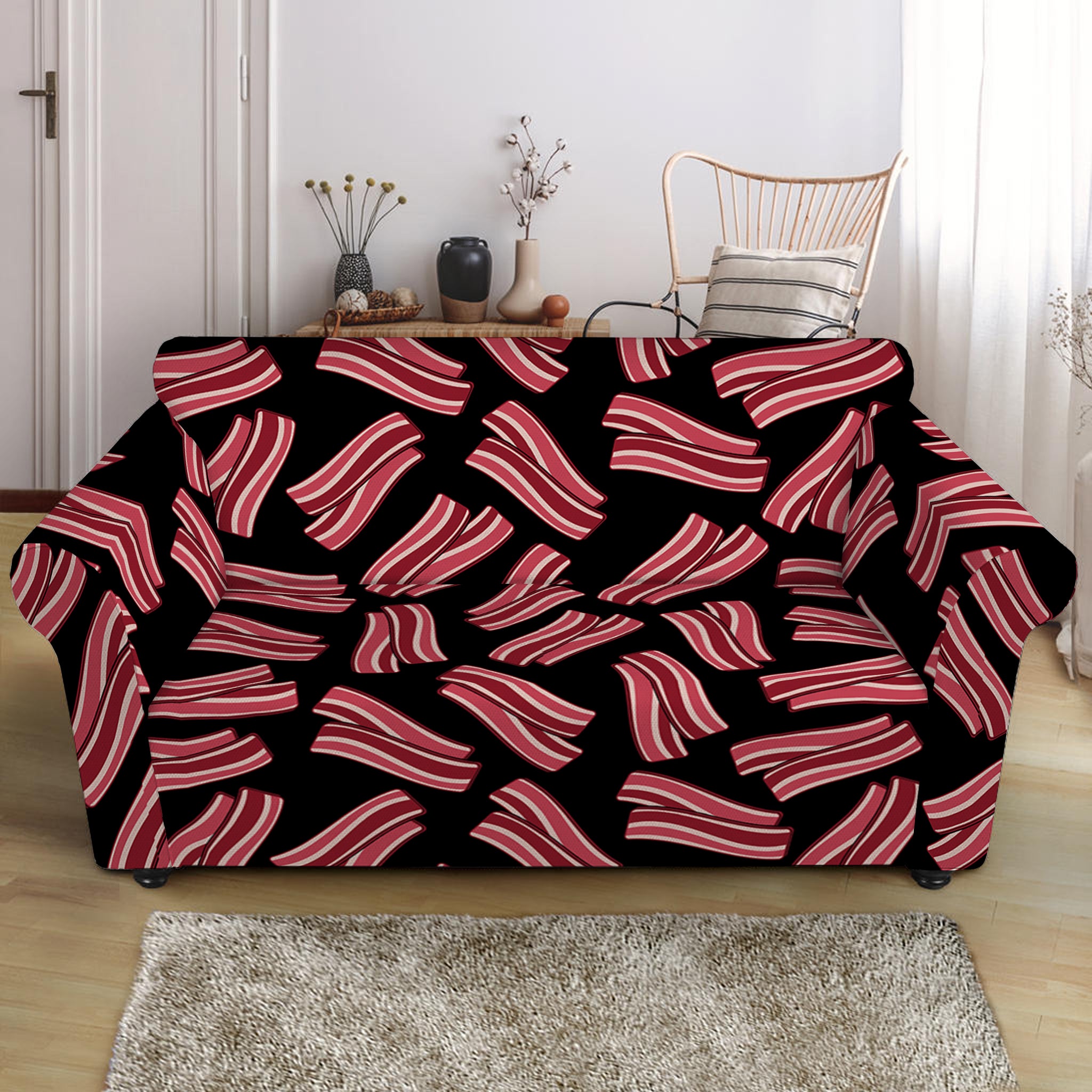 Black Bacon Pattern Print Loveseat Slipcover