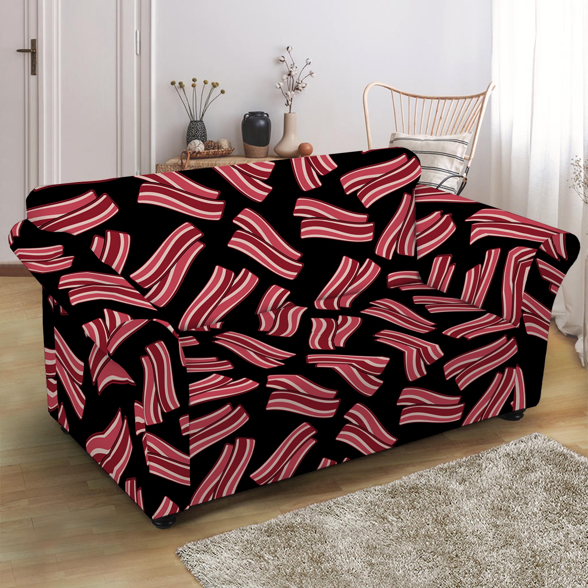 Black Bacon Pattern Print Loveseat Slipcover