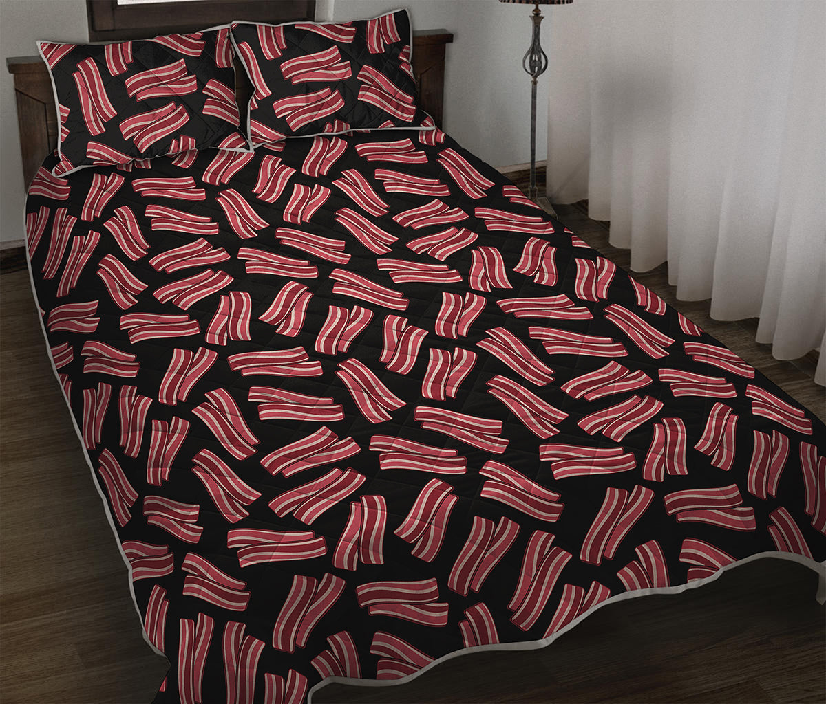 Black Bacon Pattern Print Quilt Bed Set