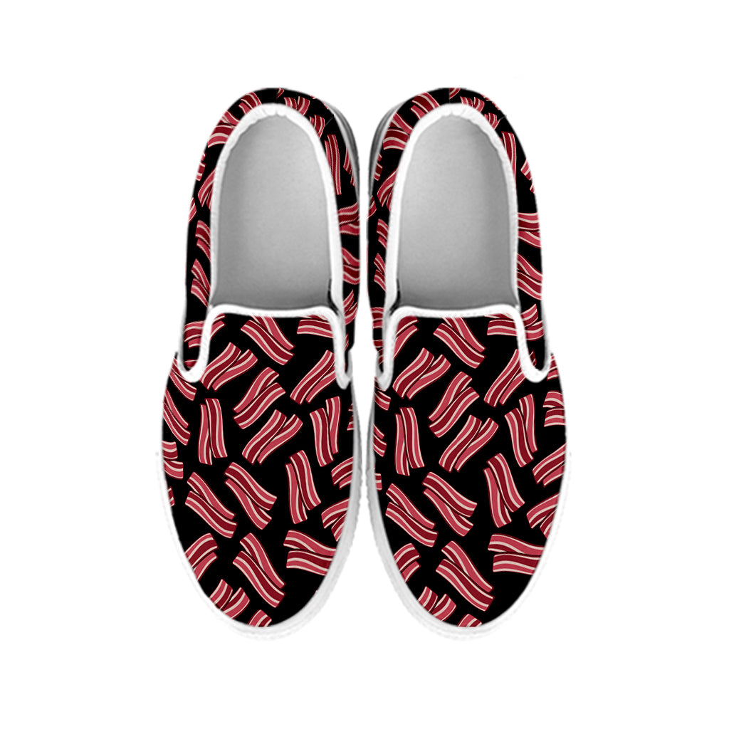 Black Bacon Pattern Print White Slip On Shoes