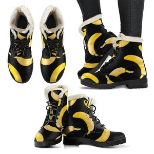 Black Banana Pattern Print Comfy Boots GearFrost