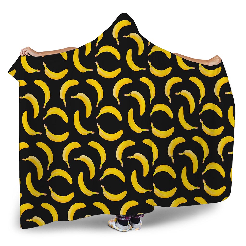 Black Banana Pattern Print Hooded Blanket