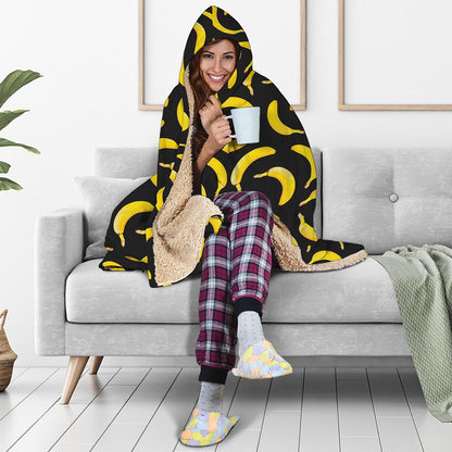 Black Banana Pattern Print Hooded Blanket