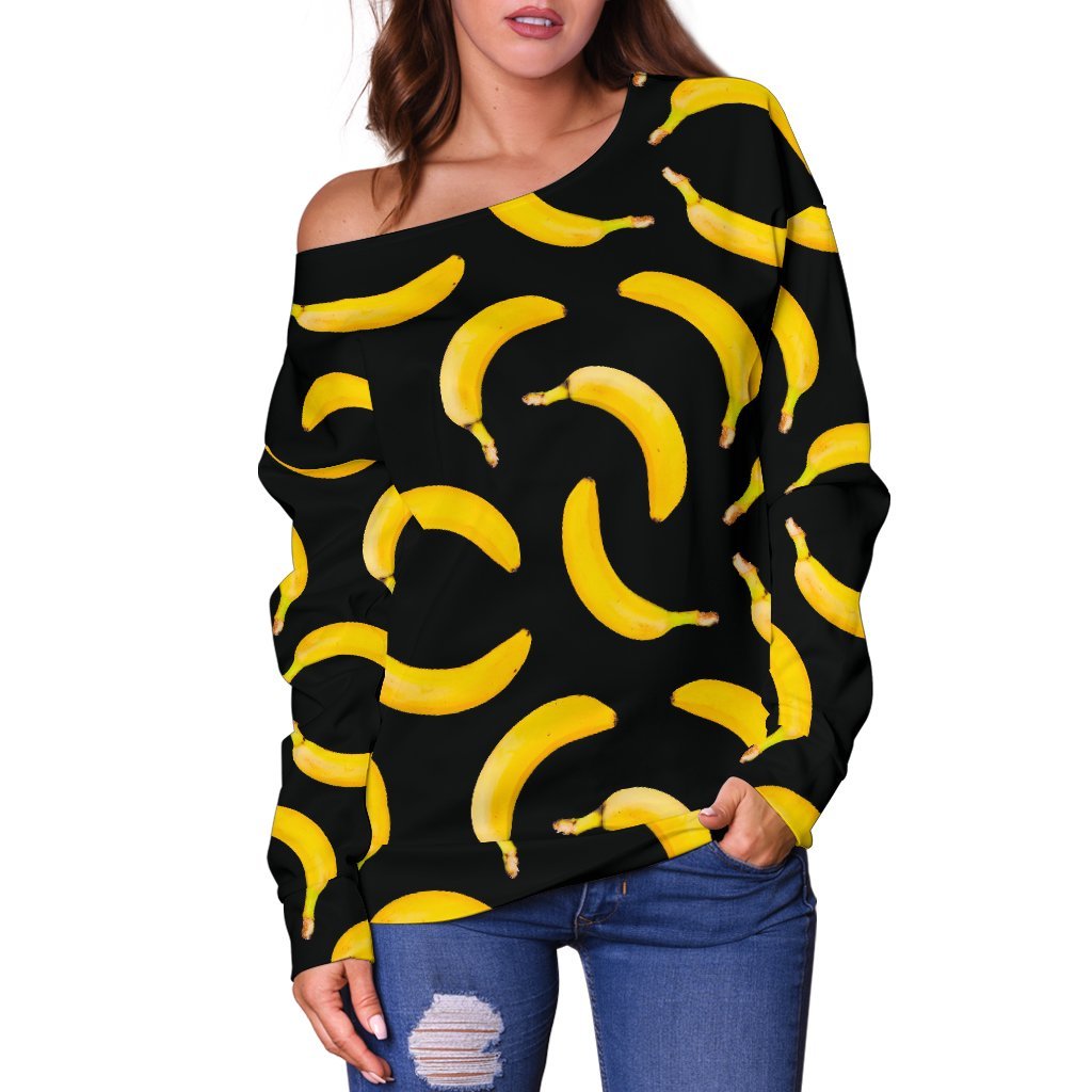 Black Banana Pattern Print Off Shoulder Sweatshirt GearFrost