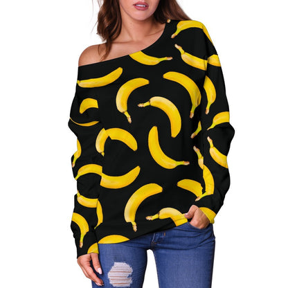 Black Banana Pattern Print Off Shoulder Sweatshirt GearFrost