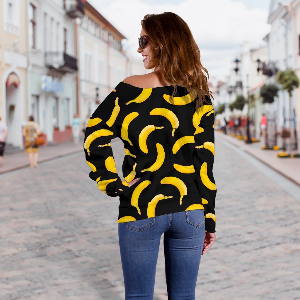 Black Banana Pattern Print Off Shoulder Sweatshirt GearFrost