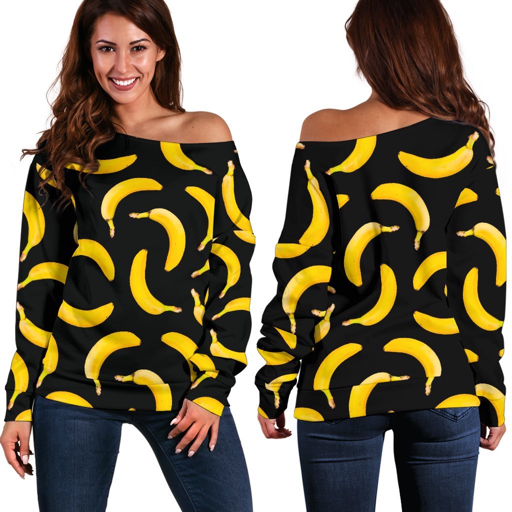 Black Banana Pattern Print Off Shoulder Sweatshirt GearFrost