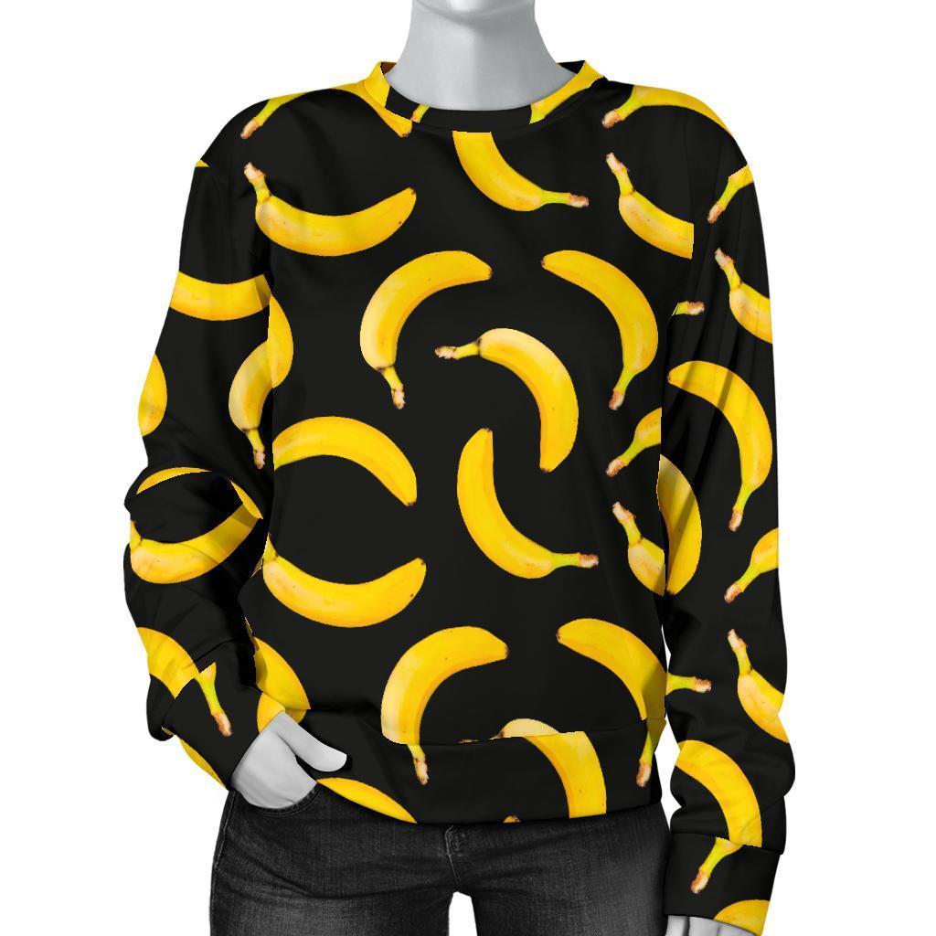 Black Banana Pattern Print Women's Crewneck Sweatshirt GearFrost