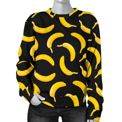 Black Banana Pattern Print Women's Crewneck Sweatshirt GearFrost