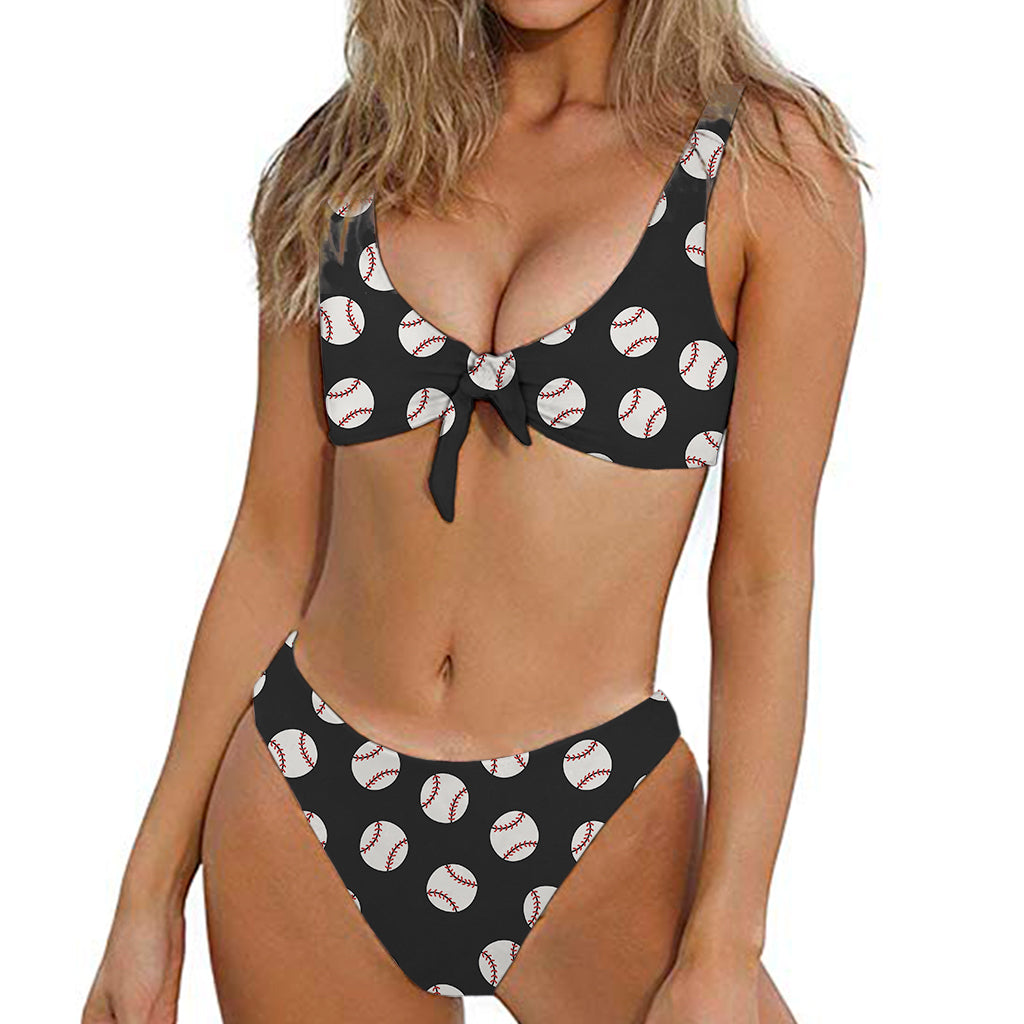 Black Baseball Pattern Print Front Bow Tie Bikini