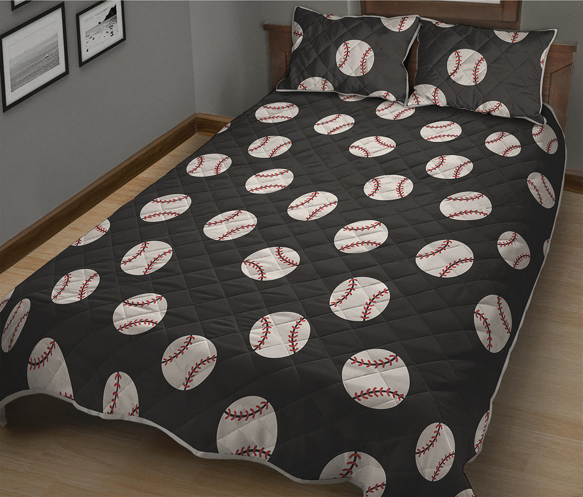 Black Baseball Pattern Print Quilt Bed Set