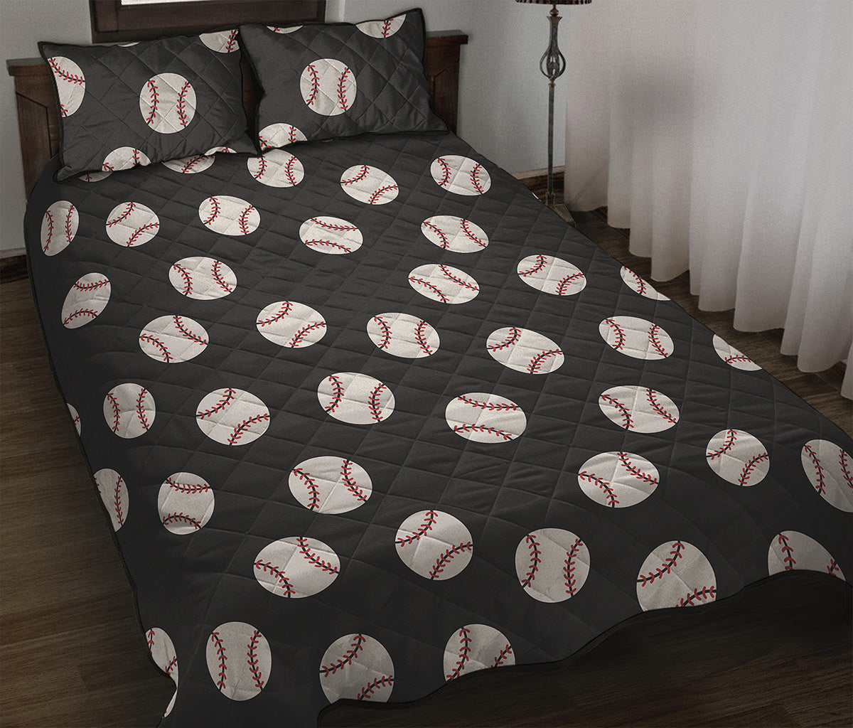 Black Baseball Pattern Print Quilt Bed Set