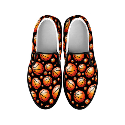 Black Basketball Pattern Print Black Slip On Shoes