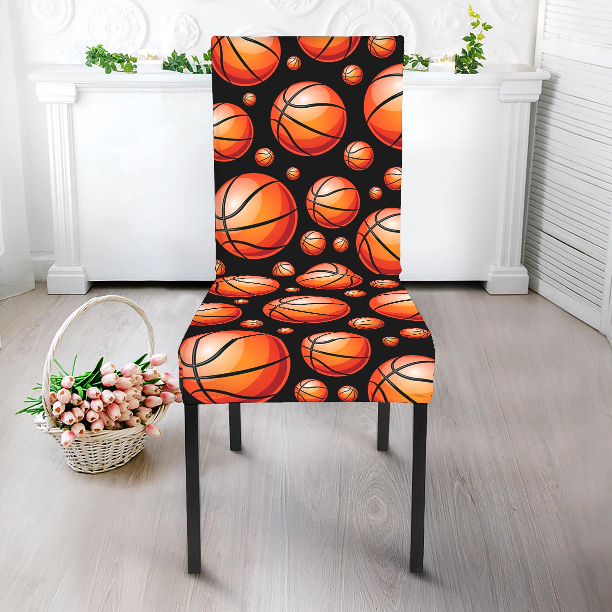 Black Basketball Pattern Print Dining Chair Slipcover