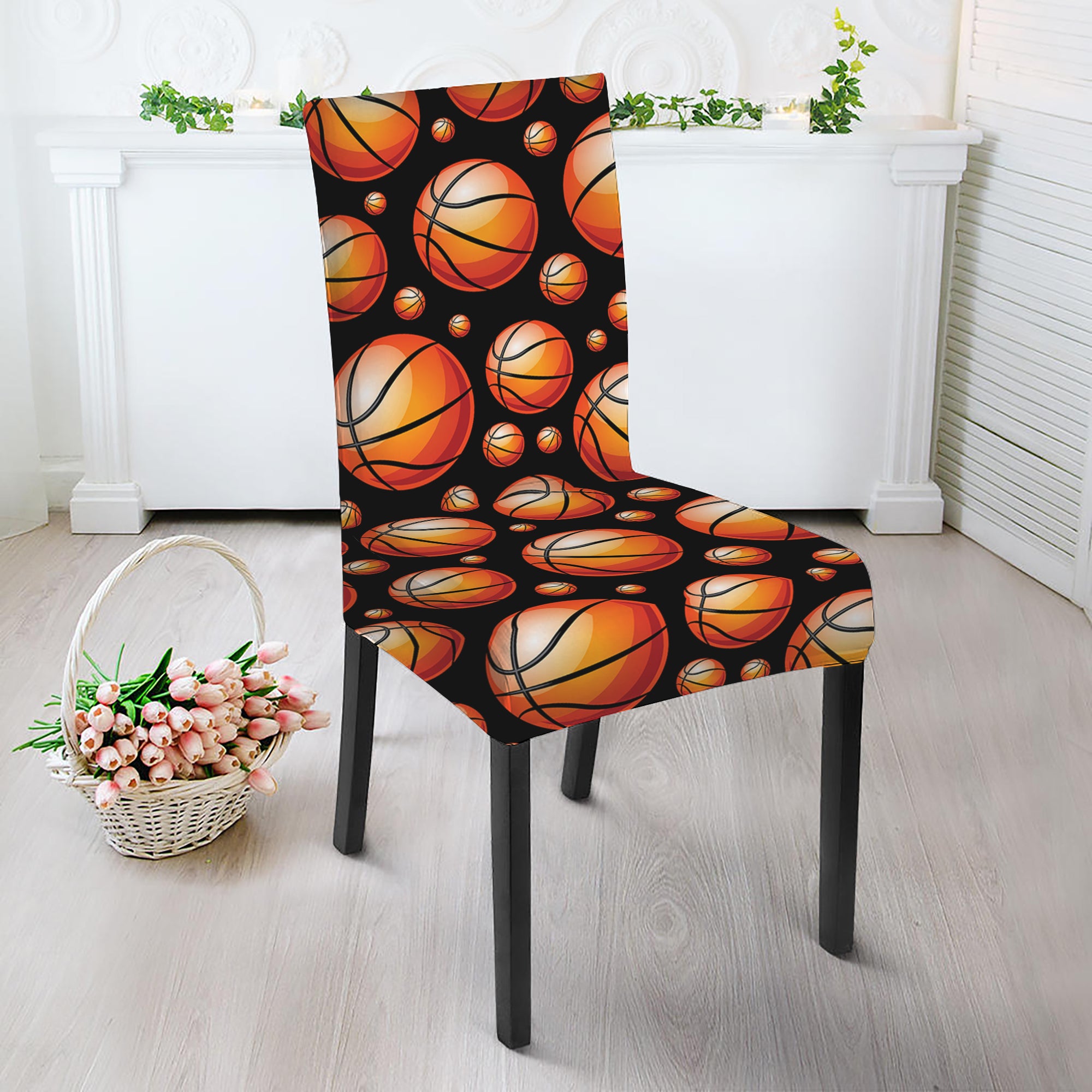 Black Basketball Pattern Print Dining Chair Slipcover