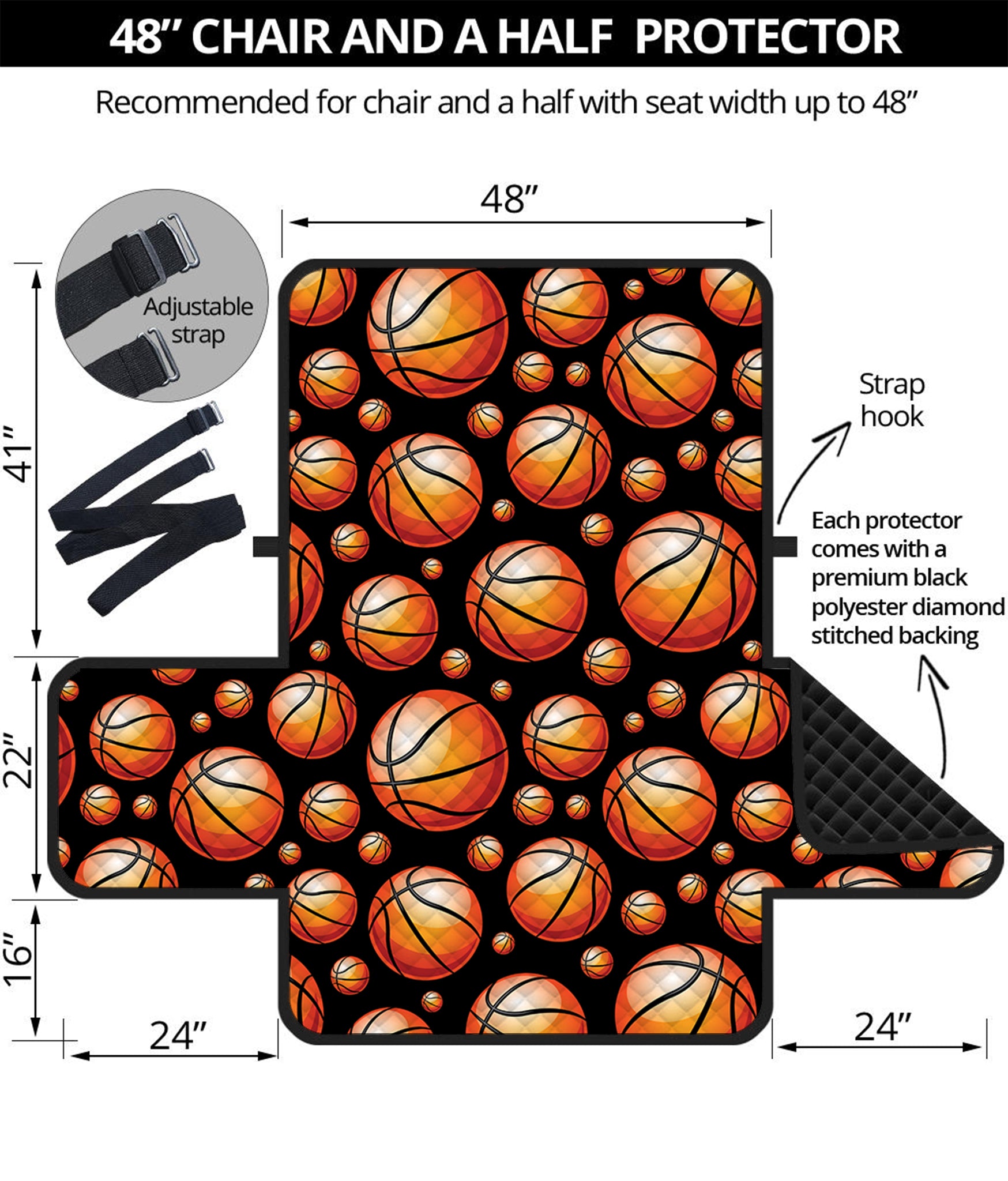 Black Basketball Pattern Print Half Sofa Protector