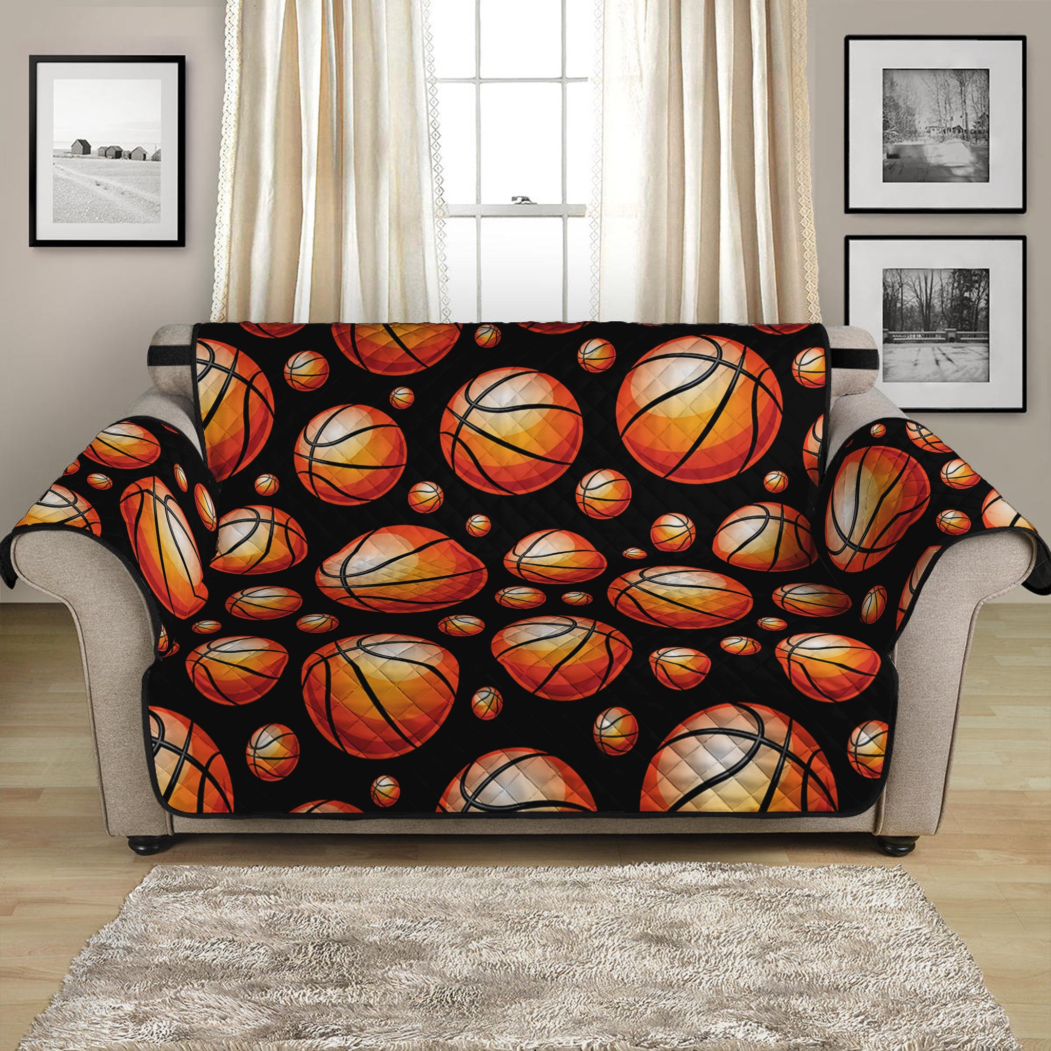 Black Basketball Pattern Print Loveseat Protector