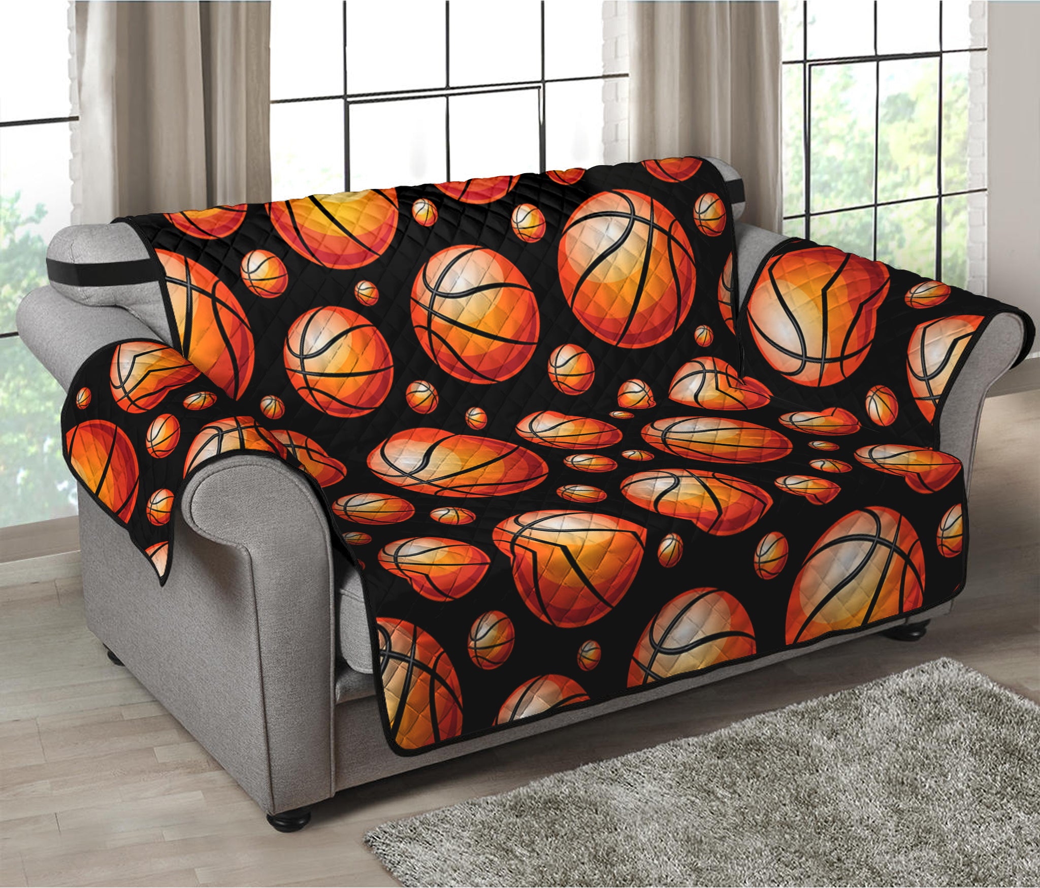 Black Basketball Pattern Print Loveseat Protector