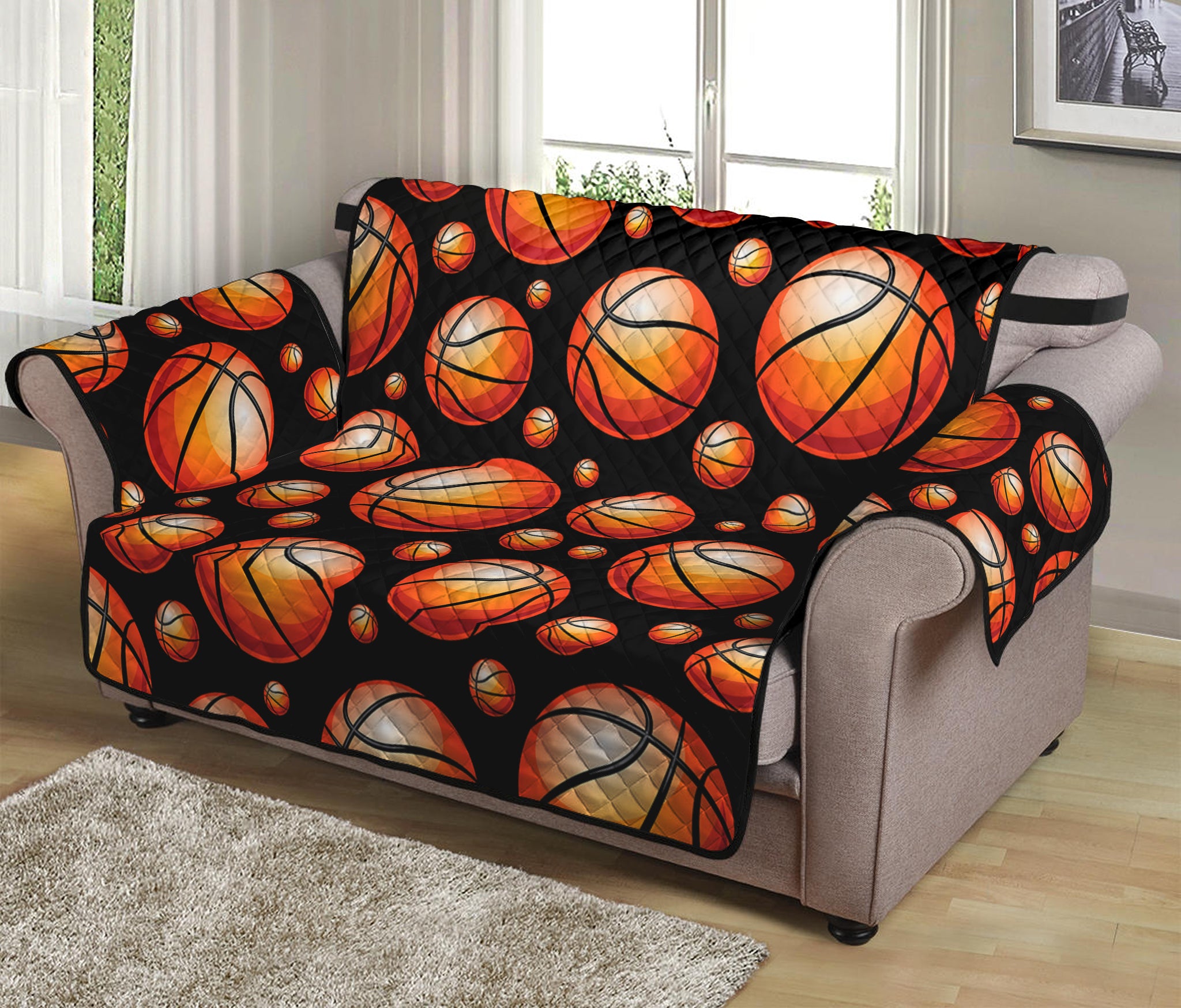 Black Basketball Pattern Print Loveseat Protector