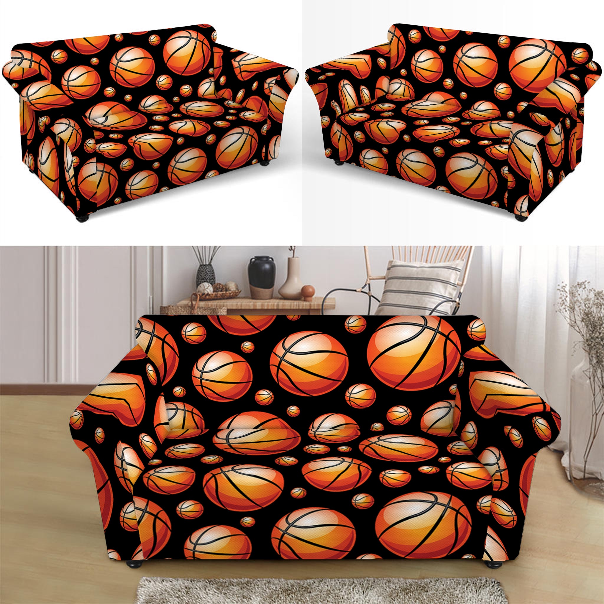 Black Basketball Pattern Print Loveseat Slipcover