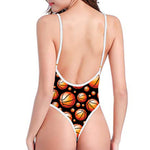 Black Basketball Pattern Print One Piece High Cut Swimsuit