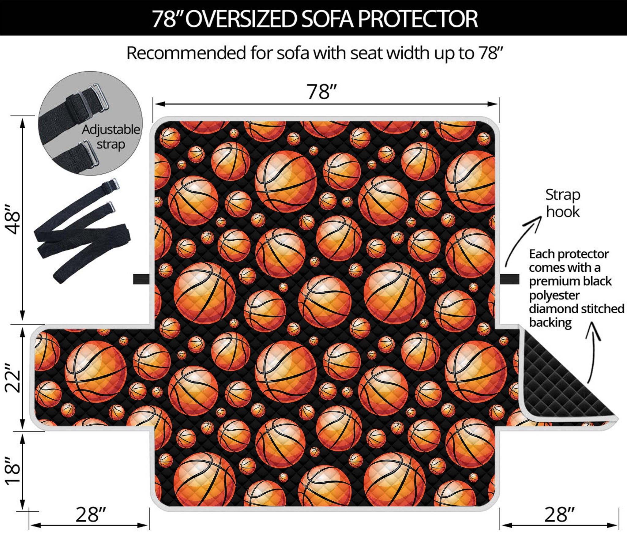 Black Basketball Pattern Print Oversized Sofa Protector