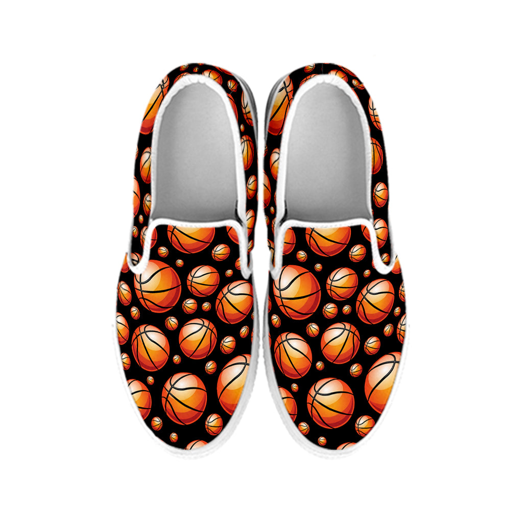 Black Basketball Pattern Print White Slip On Shoes