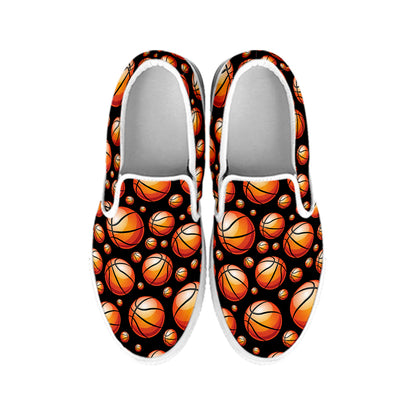 Black Basketball Pattern Print White Slip On Shoes