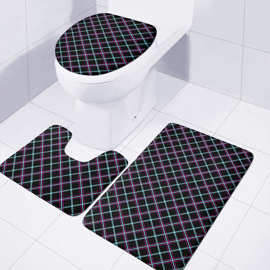 Black Blue And Pink Tartan Pattern Print 3 Piece Bath Mat Set