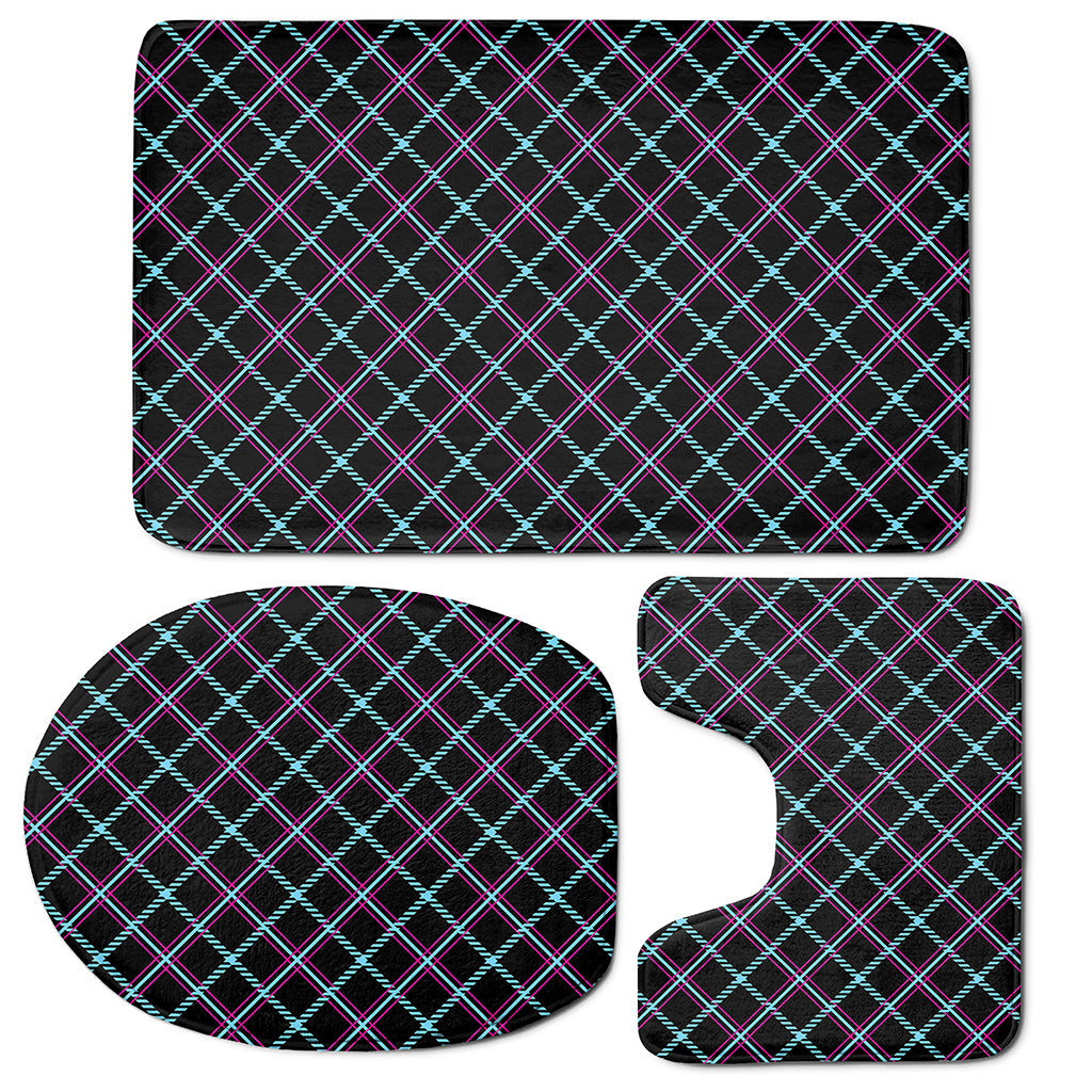Black Blue And Pink Tartan Pattern Print 3 Piece Bath Mat Set