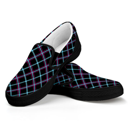Black Blue And Pink Tartan Pattern Print Black Slip On Shoes