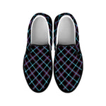 Black Blue And Pink Tartan Pattern Print Black Slip On Shoes
