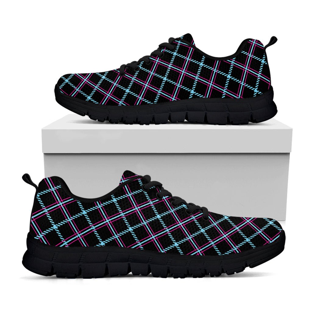Black Blue And Pink Tartan Pattern Print Black Sneakers