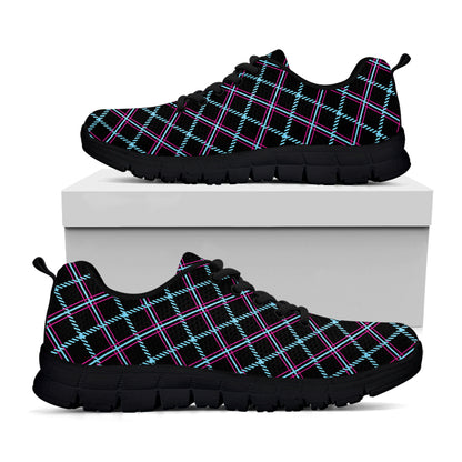 Black Blue And Pink Tartan Pattern Print Black Sneakers