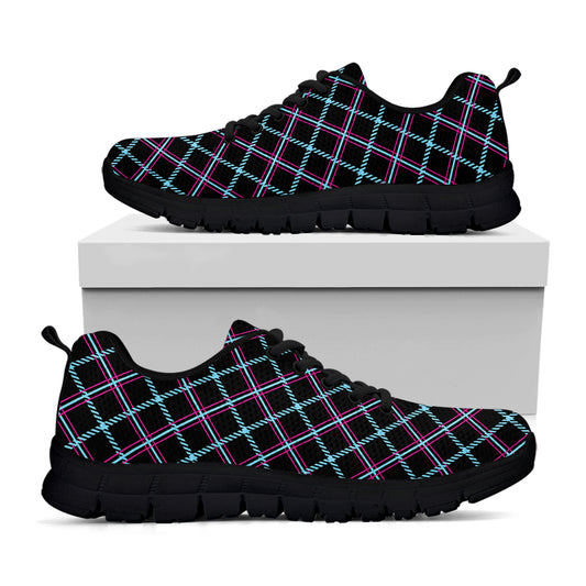 Black Blue And Pink Tartan Pattern Print Black Sneakers