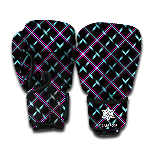 Black Blue And Pink Tartan Pattern Print Boxing Gloves
