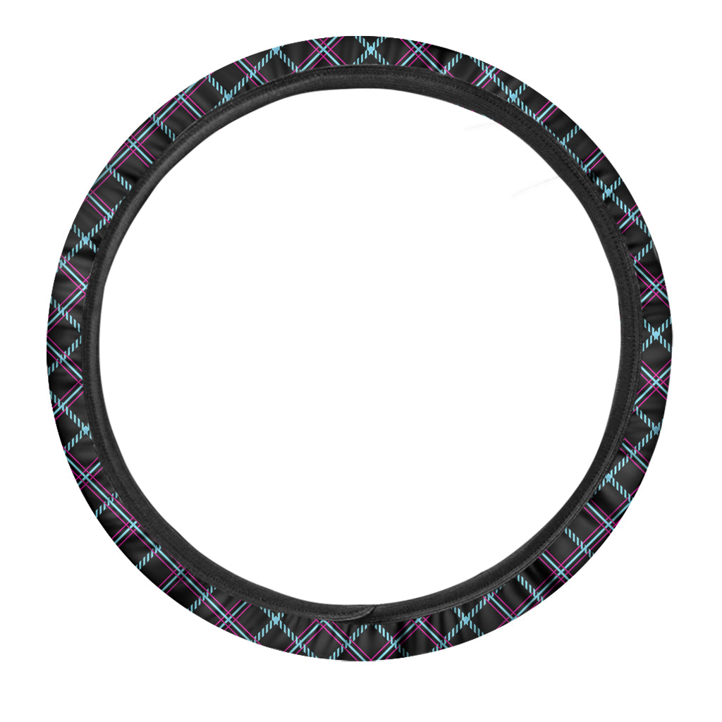 Black Blue And Pink Tartan Pattern Print Car Steering Wheel Cover
